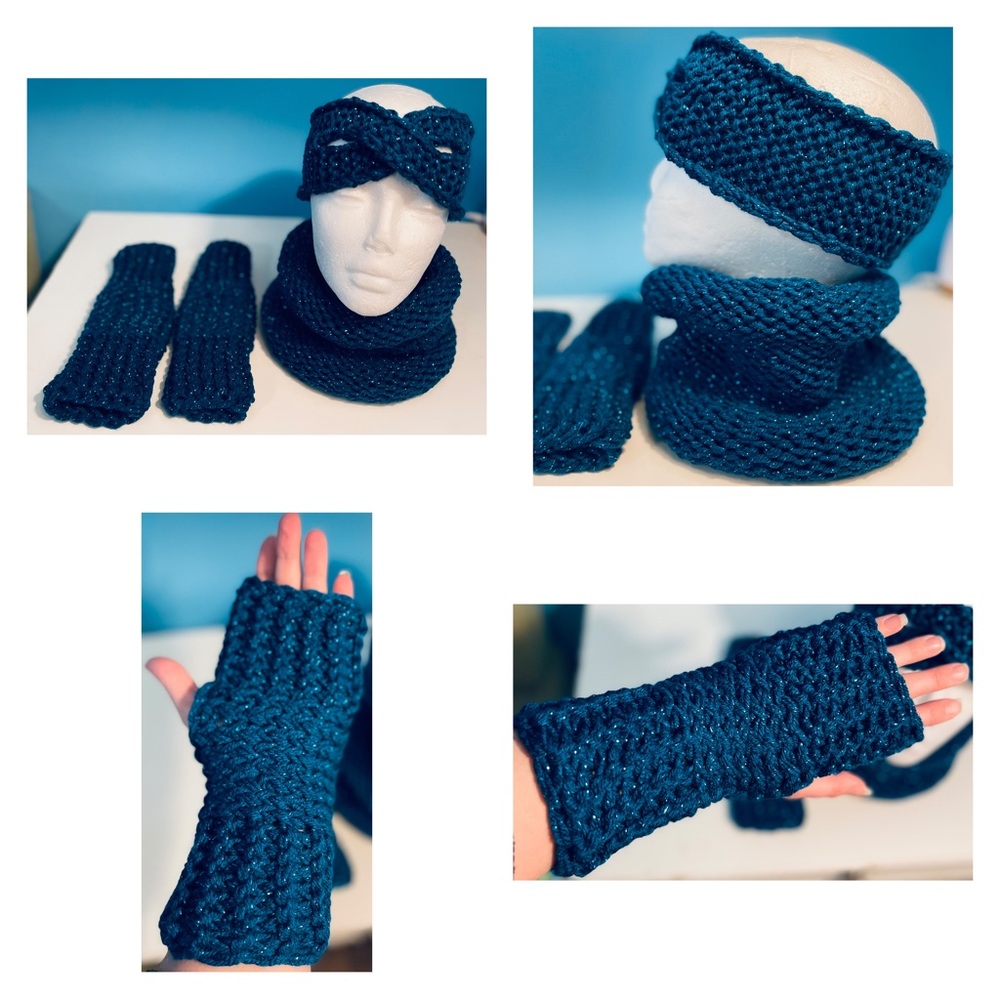 Handmade Hand Crafted Knit Headband Cowl Fingerless Gloves 3 piece Set - Picture 9 of 9